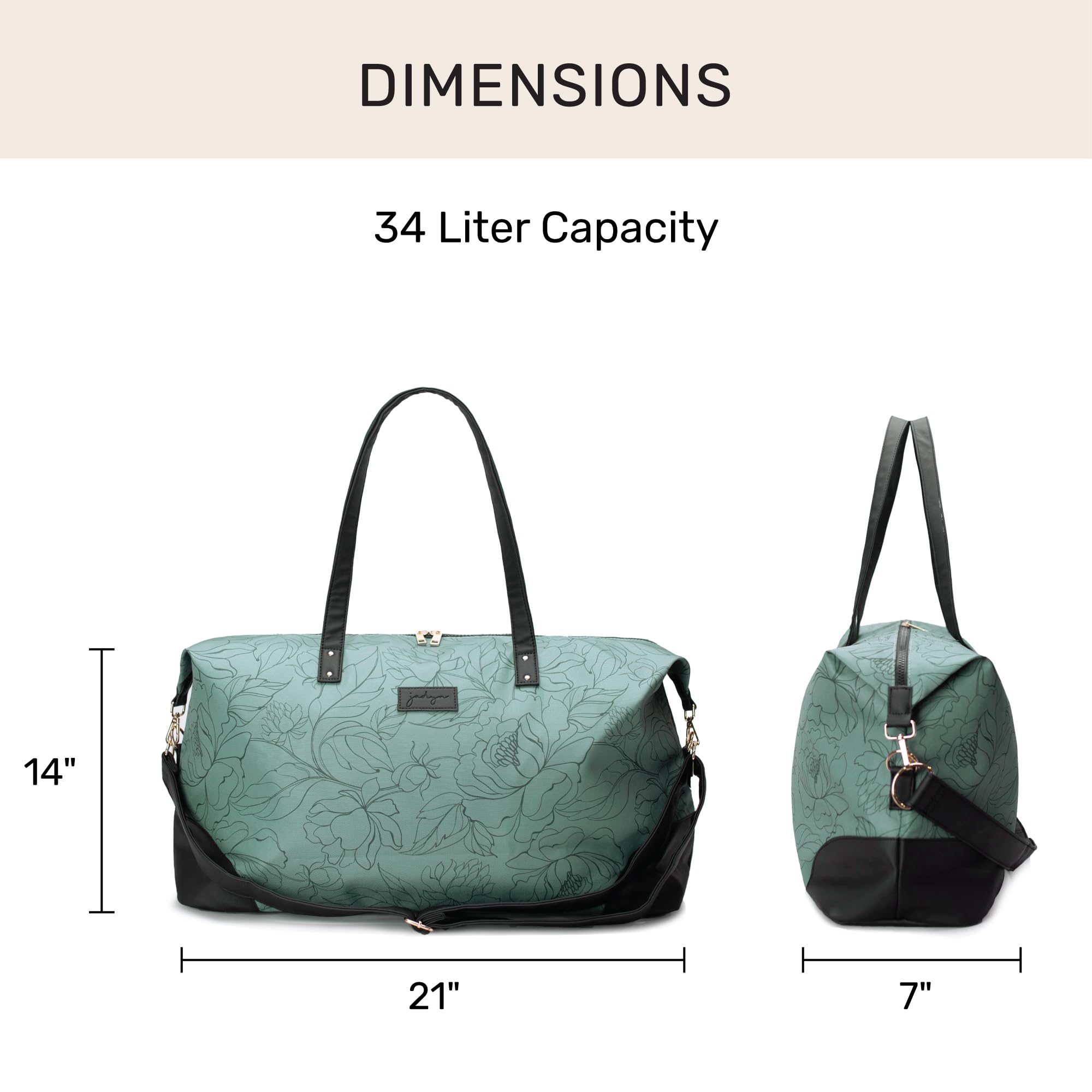 Jadyn B Luna Duffel torba podróżna lub sportowa, 54 cm - 37 l, w zestawie kosmetyczka na zamek błyskawiczny, Flora szałwii, Miękka torba sportowa z wegańskimi skórzanymi akcentami