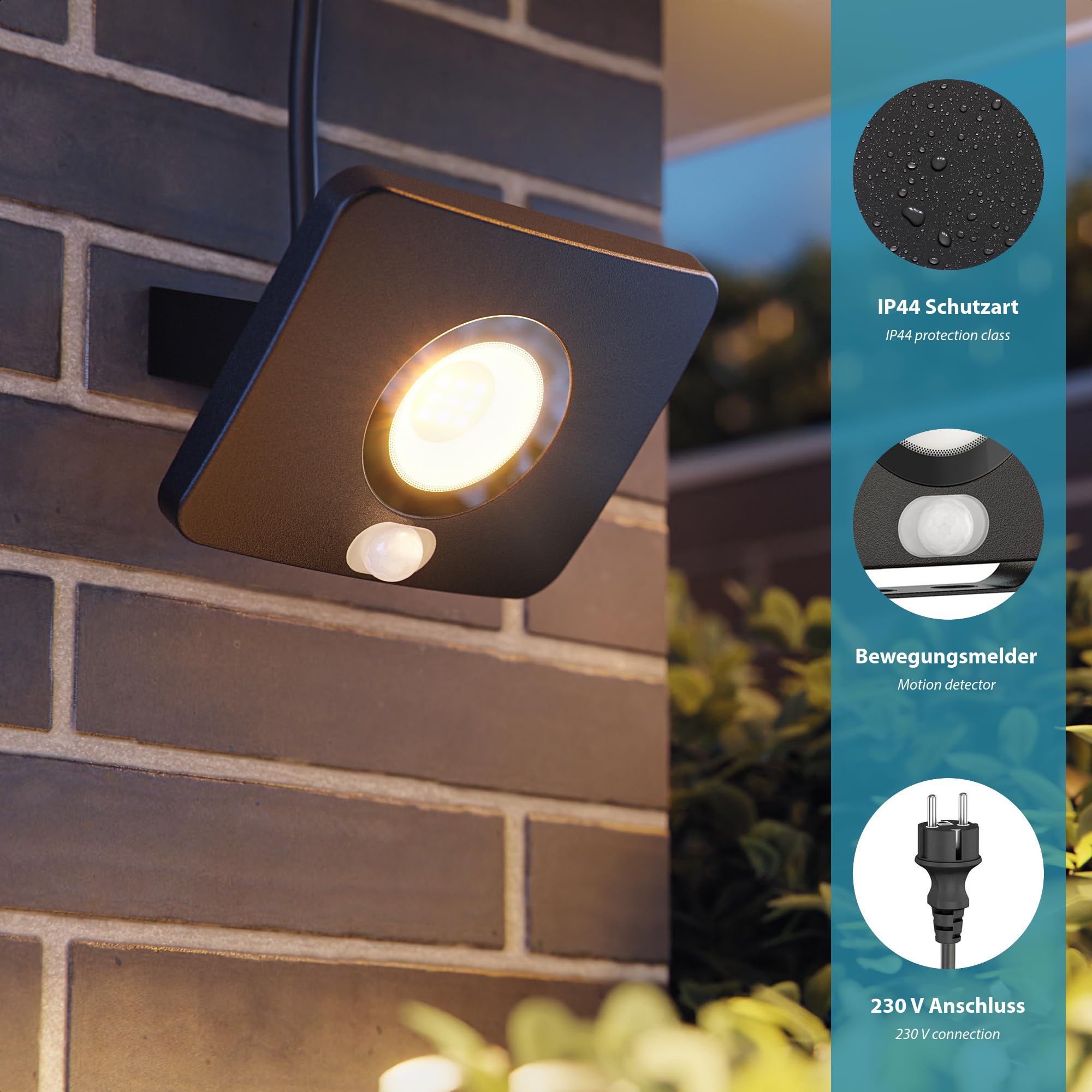 ledscom.de 3x LED Gartenstrahler WEGA für außen, IP44, Bewegungsmelder, Stecker, schwarz, 11,4 W, 944lm, warmweiß