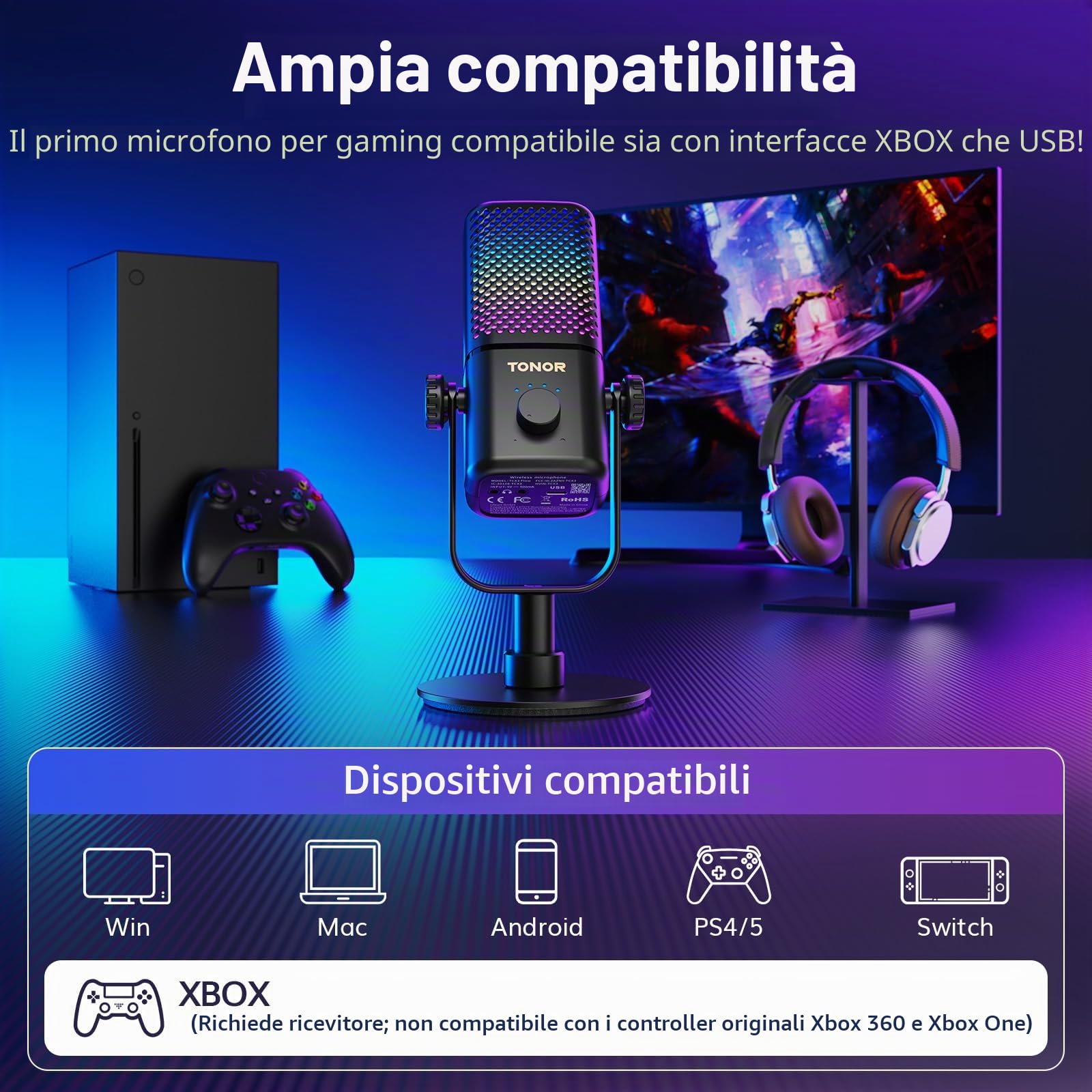 TONOR Microfono Wireless Gaming, Compatibile con Xbox & Schede Capture, Microfono Senza Fili a Condensatore RGB, Monitoraggio,Disattivazione,Volume Regolabile,Durata Della Batteria 15 Ore, TCX3 Flow