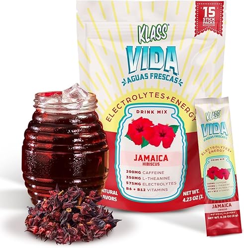 Hydration + Energy - Mezcla de bebida de electrolitos Sabor Hibiscus Agua Fresca Polvo sin azúcar con cafeína, L-teanina, agua de coco y minerales