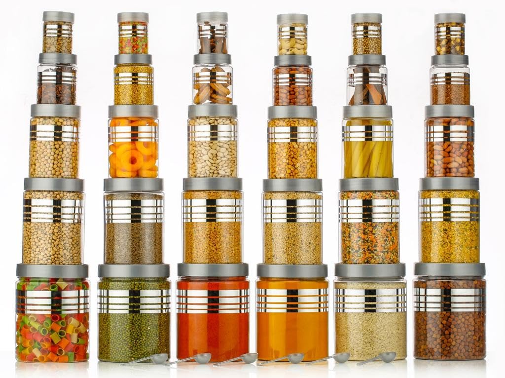 Anshri Plastic Printed Silver Line Airtight Jar Container Set Transparent Masala Box For Kitchen Organizer Storage Jar For Spice,Pack of 24 (6 Pcs of Each 250ml, 350ml, 650ml, 1200ml with 24 Spoons) 2