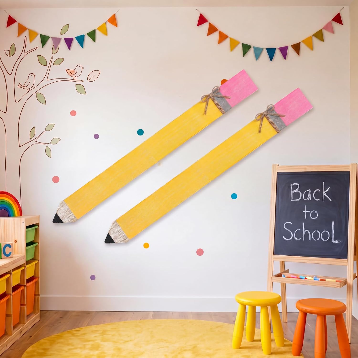 Fuutreo 2 Pcs 31.5 Inch Giant Pencil Wall Decor Wooden Jumbo Pencil Back to School Classroom Decoration Yellow Pen Props for Preschool Kindergarten Classroom Decor Home School Supplies