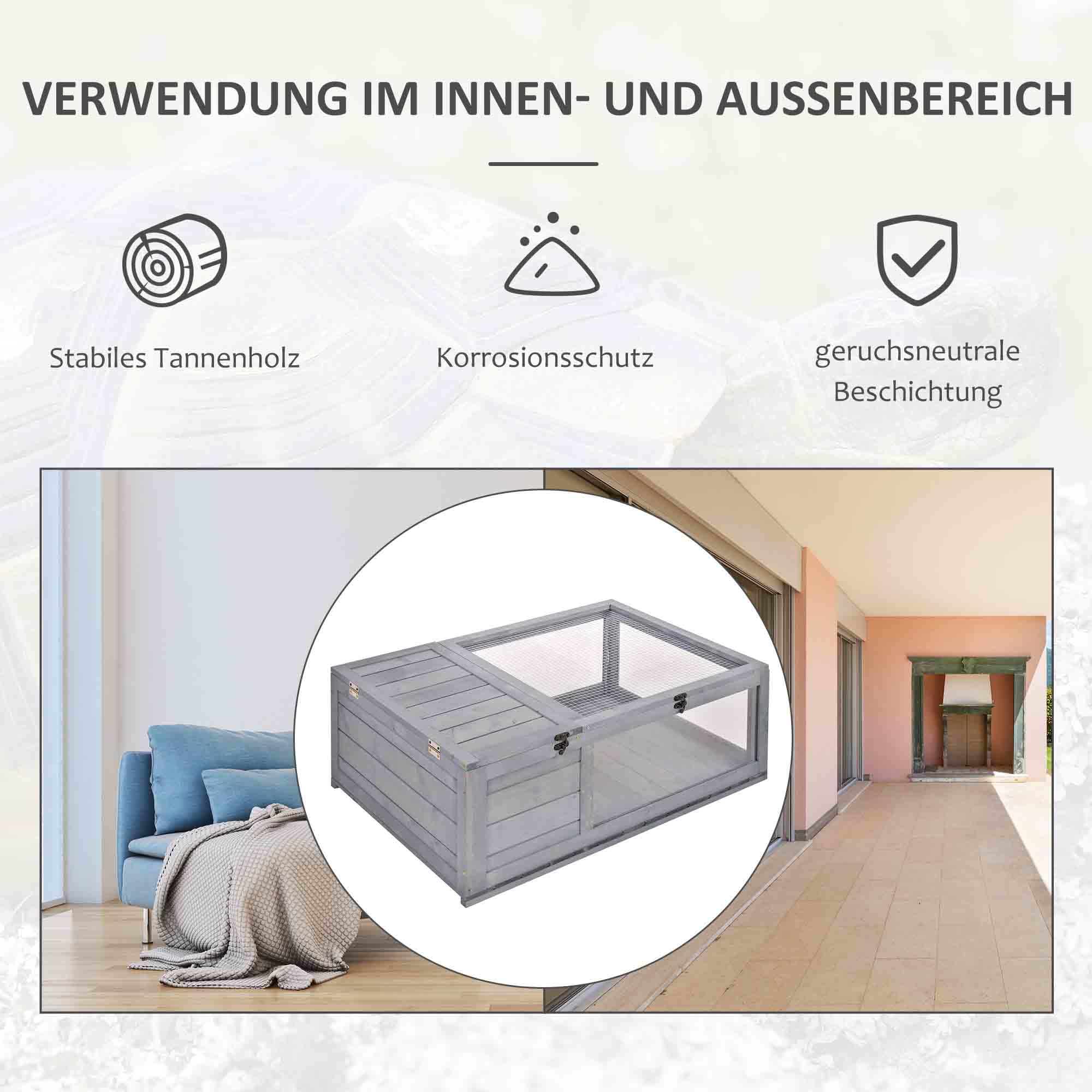 PawHut casa in legno per tartarughe recinto per tartarughe con piano incernierato, gabbia per rettili da esterno terrario per tartarughe rettili per interni esterni 91x60,5x32 cm, grigio