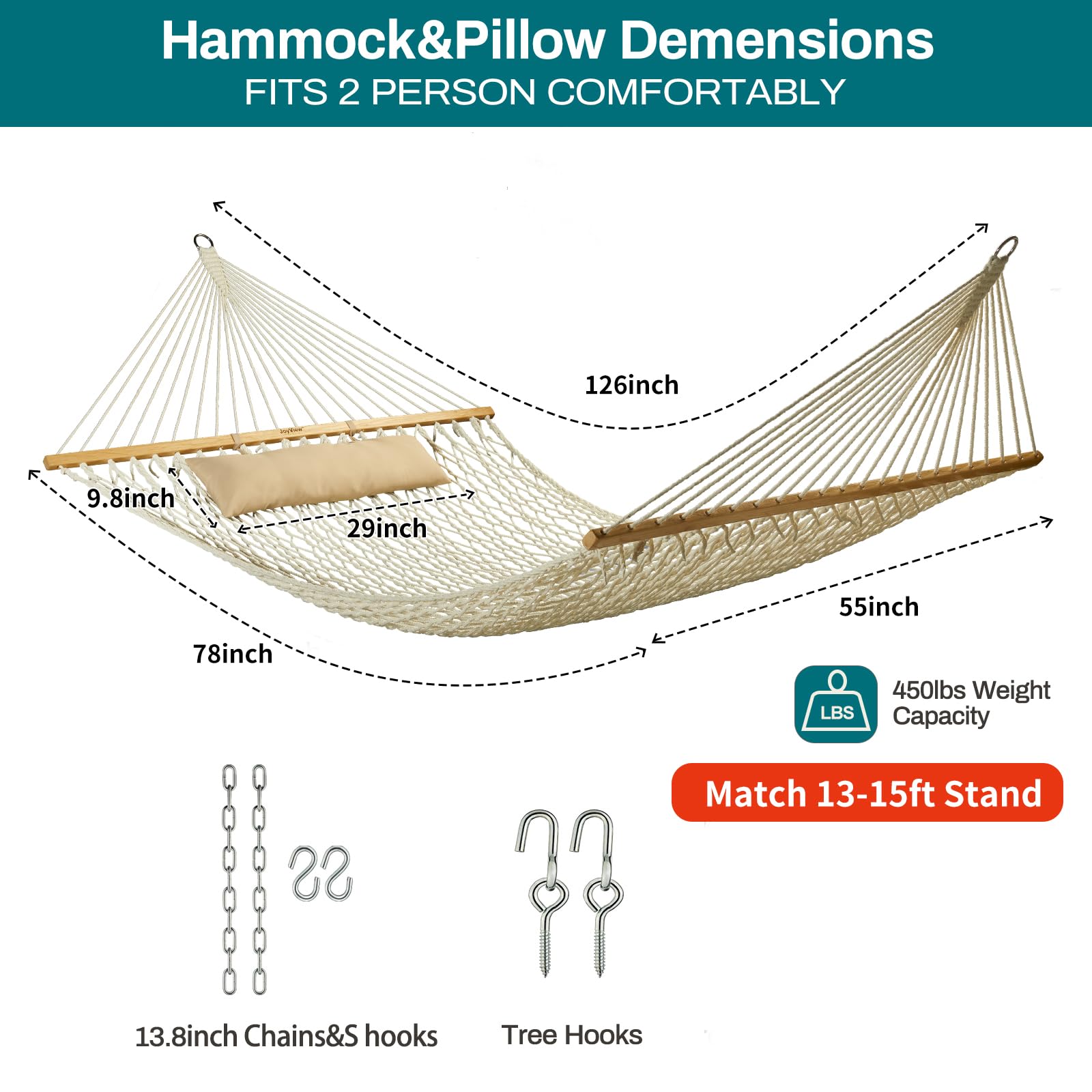 Hamaca doble de cuerda tradicional, hamaca de algodón tejida a mano con barra separadora de madera dura y almohada, capacidad de 450 libras para patio interior y exterior, color natural 3