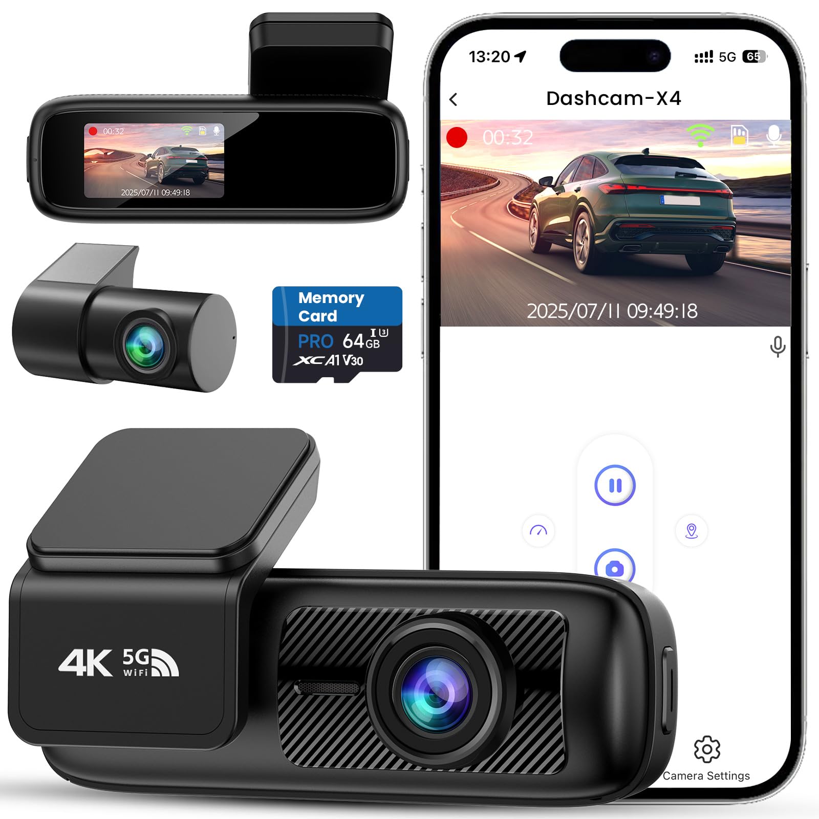 Dashcam Voiture Avant Arrière, Caméra 4K+1080P, Wi-Fi 5GHz avec Contrôle via App, Carte SD 64Go, Vision Nocturne, Stationnement 24H, Capteur G, Grand Angle 170°, WDR, Installation Facile (X4)