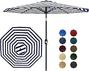 Patio Umbrella 9ft, Table Umbrella Outdoor Patio UV Protection with Crank Lift & Push Button Tilt, 8 Sturdy Ribs for Yard, Deck, Pool - Blue & White Stripe