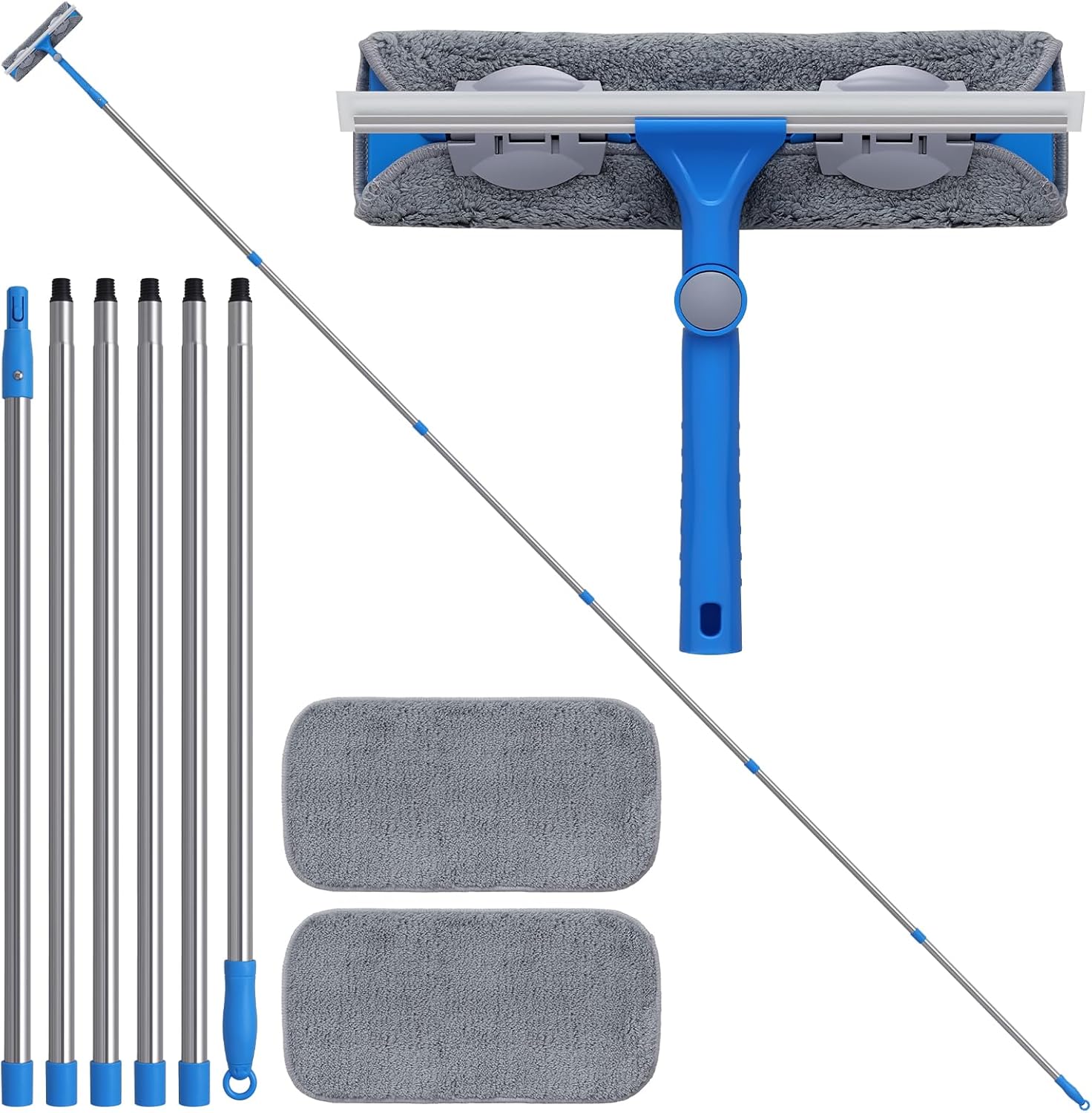 20 Feet+ High Reach Window Squeegee, 2-in-1 Window Cleaner Tool with 15.5Ft Extension Poles, Professional Window Washing Kit, Long Window Cleaning Equipment for High Outdoor Windows Glass 15.5 Feet