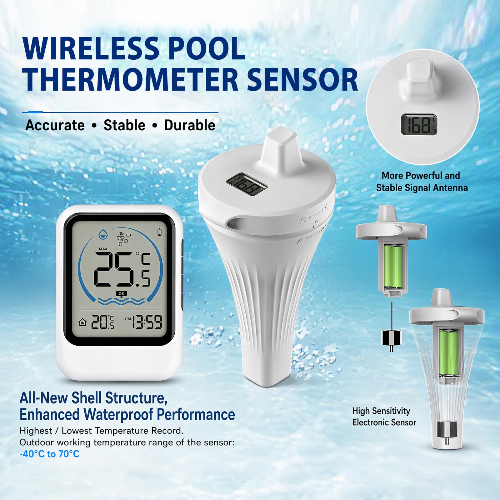 Termometro da piscina senza fili, IP68, impermeabile con display LCD, termometro digitale per piscina, vasca da bagno, acquario, laghetto