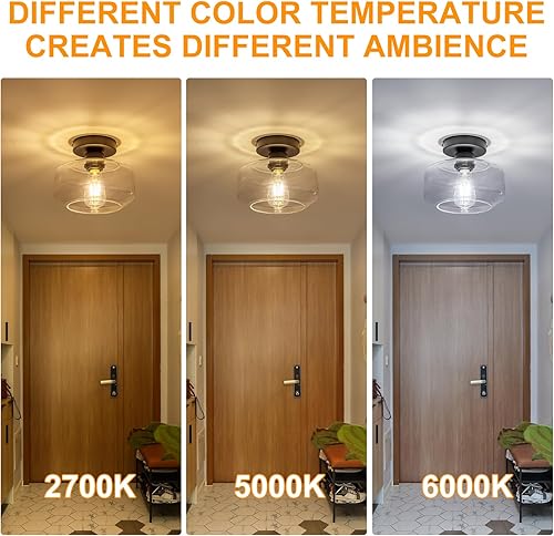 Miniatura 5 de Elegante lámpara de techo semiempotrada con sabor vintage de vidrio transparente con base de metal negro incluida, bombilla LED de 900 lúmenes,