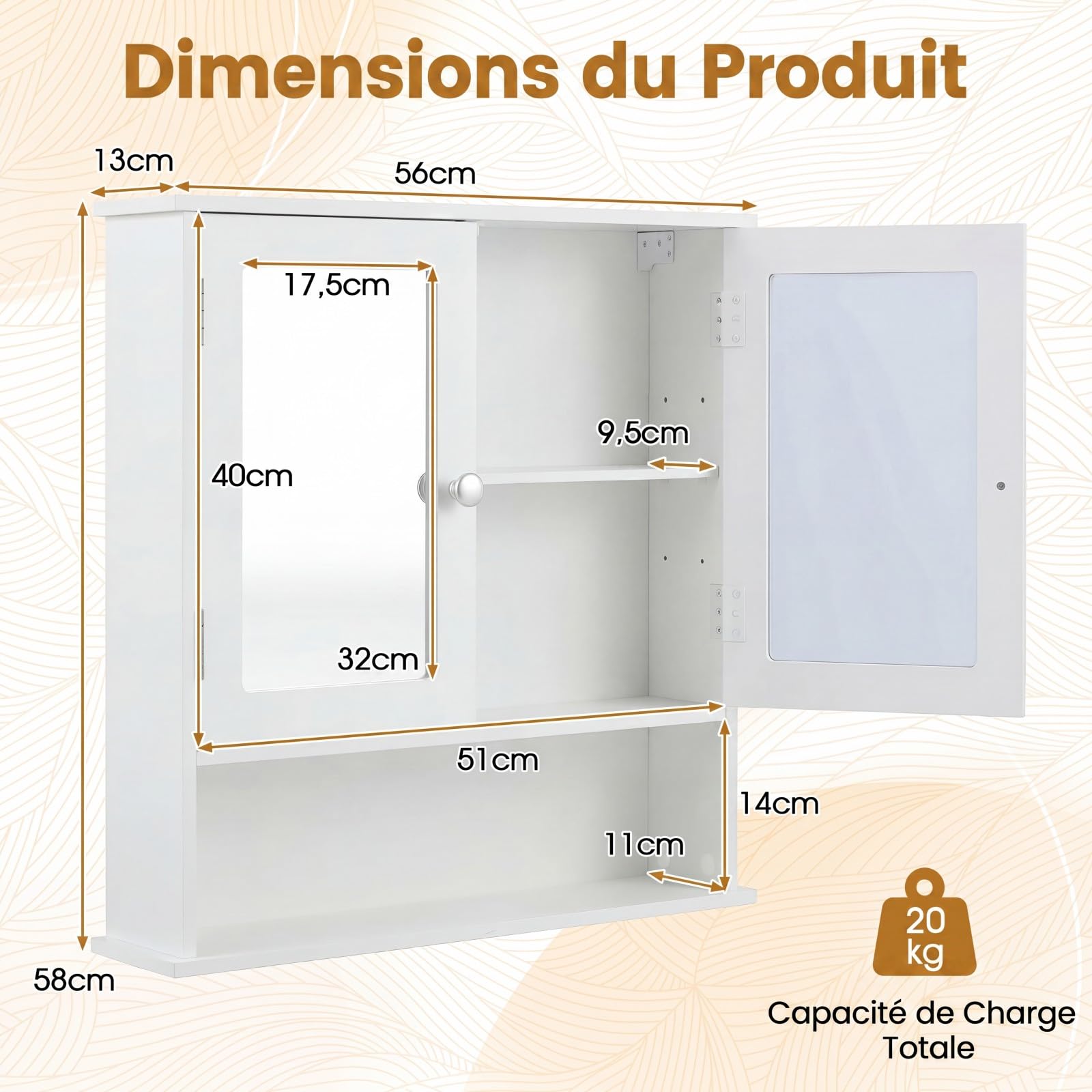 COSTWAY Armoire Murale Salle de Bain 2 Portes à Miroir, Placard de Rangement 3 Niveaux, Meuble Suspendu de Rangement Étagères à Hauteur Réglable, 56,5x13,5x58,5 cm (Blanc)