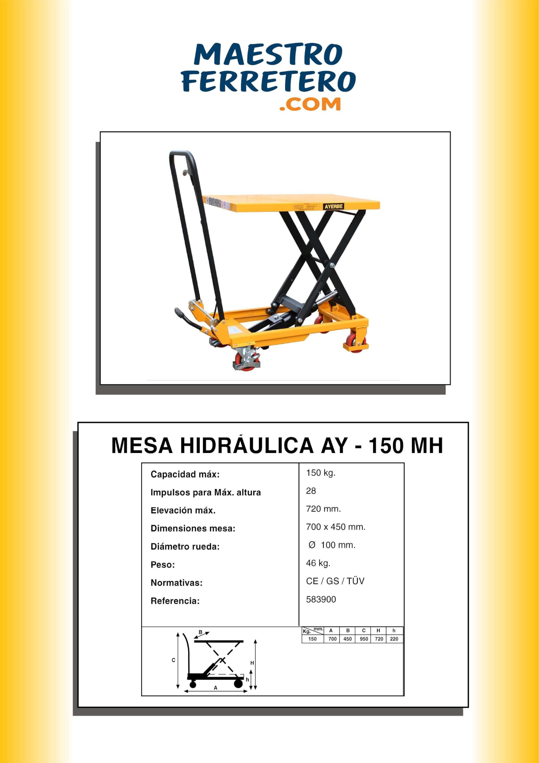Mesa Hidráulica de Elevación Manual de 150 kg con Plataforma 700 x 450 mm y Altura Máxima de 720 mm - Maestro Ferretero