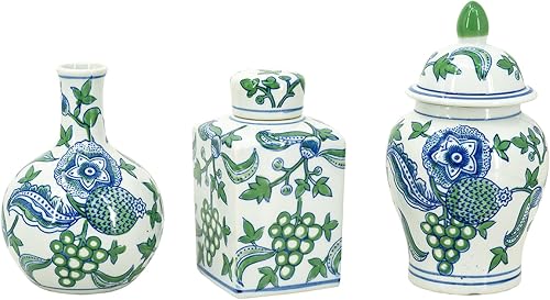 A&B Home Porcelain Ginger Jar for Home Decor, Blue and Green Decorative Vase for Bedroom Living Room Console Table Accent, Set of 3