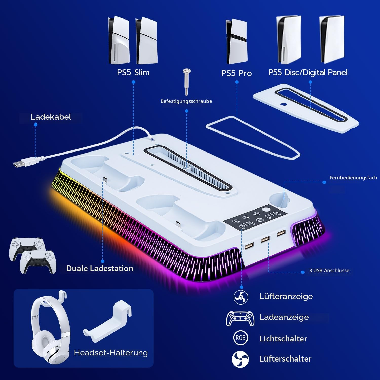 PS5 Standfuß mit Lüfter und Controller Ladestation, Vertikaler PS5 Ständer mit RGB Licht, Headset Halter und Remote Steckplatz, 3-Stufige Kühlung für PS5/PS5 Slim/PS5 Pro Disc & Digital Edition, Weiß