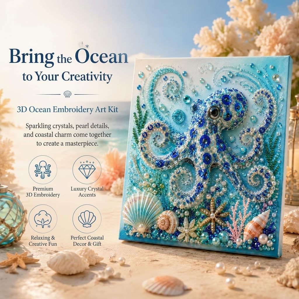 Ocean Theme Pearl Art DIY Kit,Octopus Wave DIY 3D Pearl Painting Kit