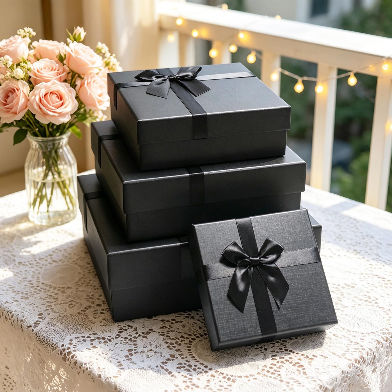 Giftilious Schwarze Geschenkboxen mit Deckel, 4 Stück, verschachtelte Geschenkpapierboxen für Geschenke, Luxus-Geschenkbox für Hochzeiten, Geburtstage, Jubiläen und alle Anlässe
