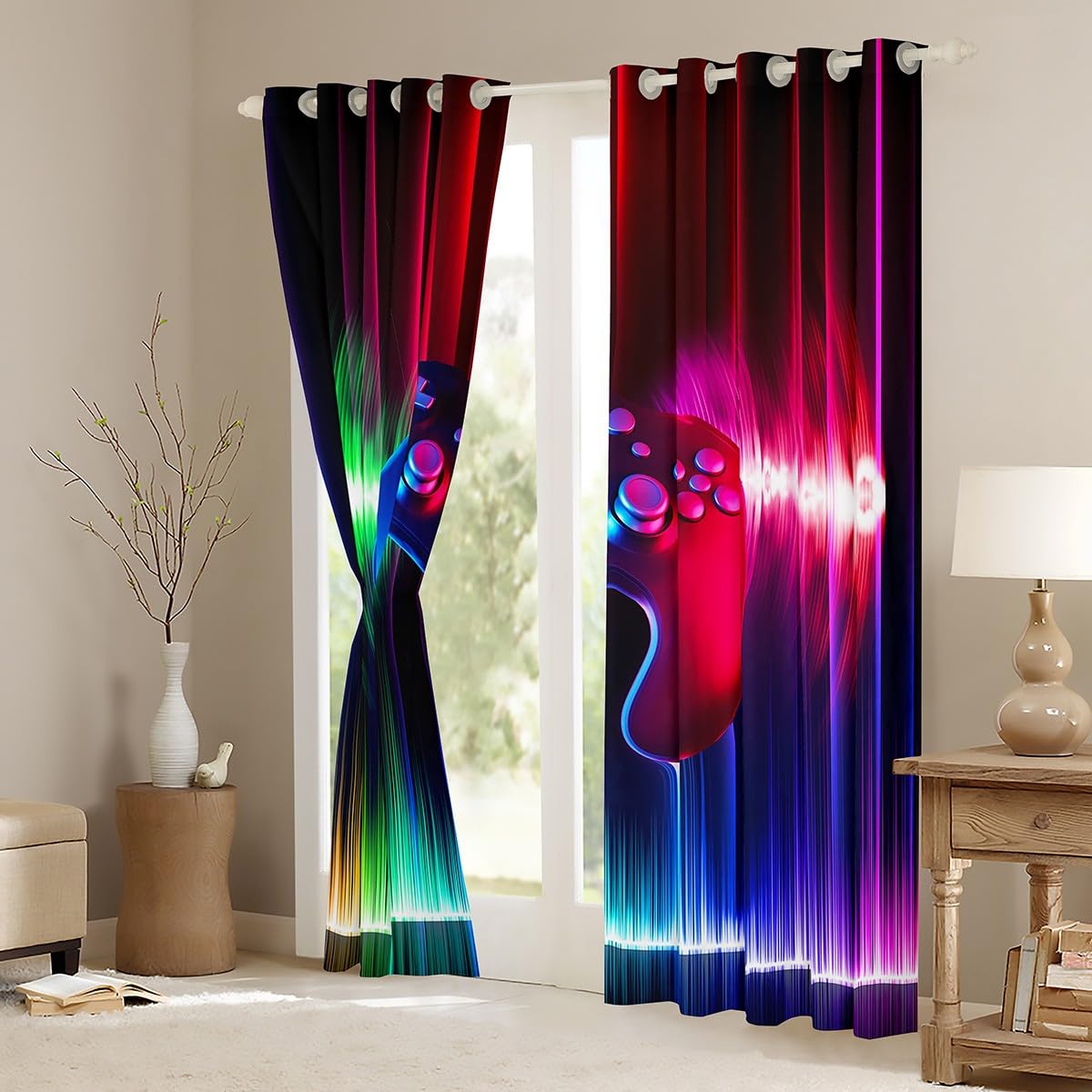 Gamer Thermal Insulated Drapes Rock Music Theme Curtains for Bedroom Gaming Curtain for Boys Teens Video Game Controller Window Treatment Red Blue W46*L54 - Image 3