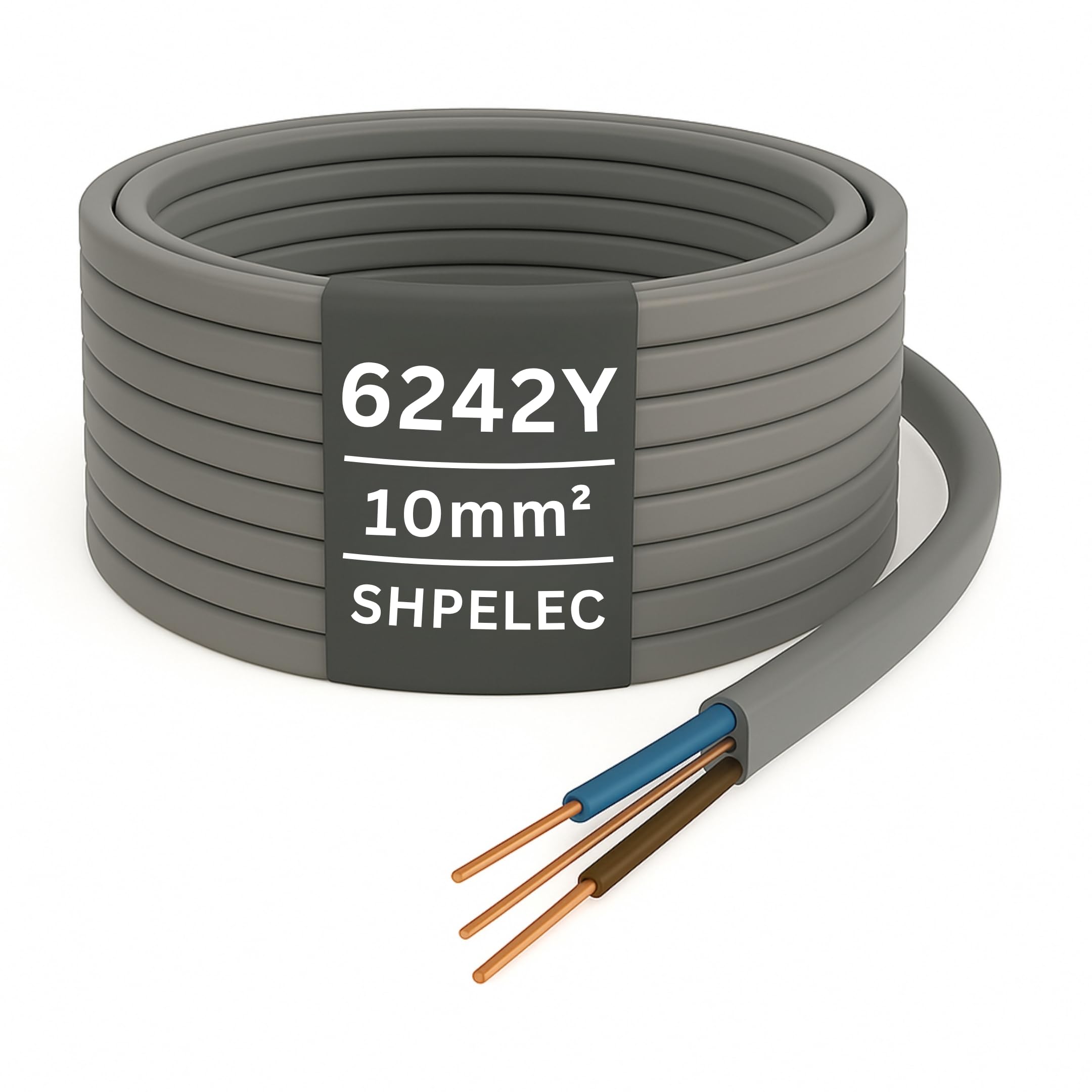 Twin & Earth 10mm Cable – 6242Y – Grey PVC Sheathed Electrical Cable – 10mm² Twin & Earth Wiring for Domestic Installations, Consumer Units & High-Load Circuits – BASEC Approved – 15m