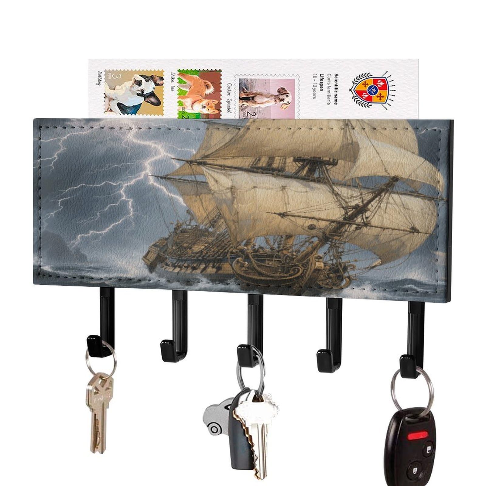 FekiLoot Ancient Sailing Ship in Storm Key Holder for Wall Decorative Mail Organizer with 5 Key Hook Self Adhesive Key Rack with Tray Coat Rack Wall Mount Key Hanger Decor for Entryway Door