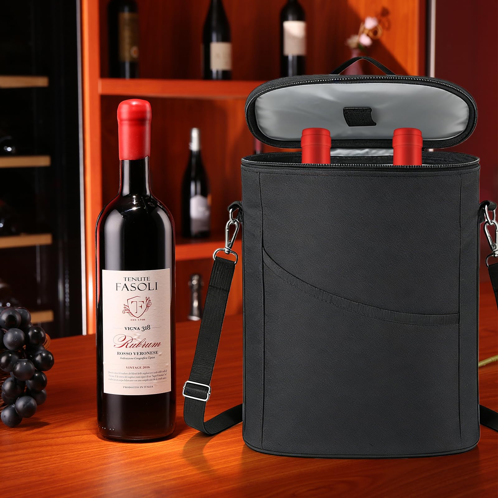 Borsa termica per 2 bottiglie, borsa termica termica per bottiglie d'acqua, borsa termica per 2 bottiglie, refrigerante per bottiglie in viaggio, per picnic party BYOB Packag (nero)