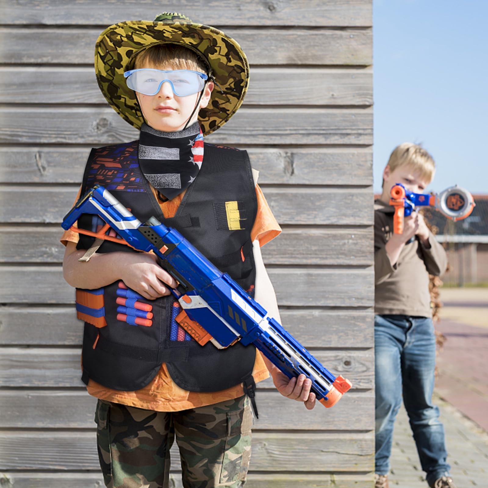Kamizelka taktyczna dla dzieci, zestaw do Nerf N Strike Elite, akcesoria Nerf z magazynkiem do szybkiego ładowania, strzałki, opaski na nadgarstek, okulary, bandana dla chłopców i dziewcząt