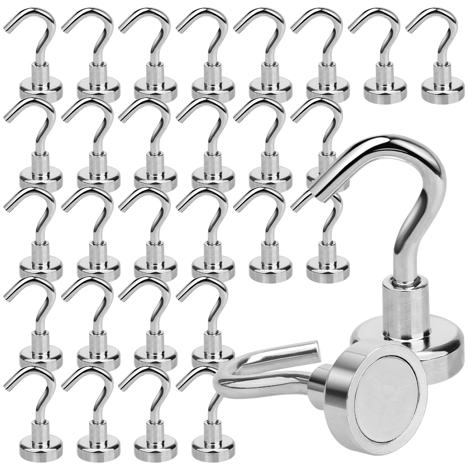 Orchideeknc Silver Magnetic Hooks Load Capacity, Neodymium Strong Magnet Hook, Magnetic Hooks For Fridge (30, 16Mm (8Kg/17.6Lbs))