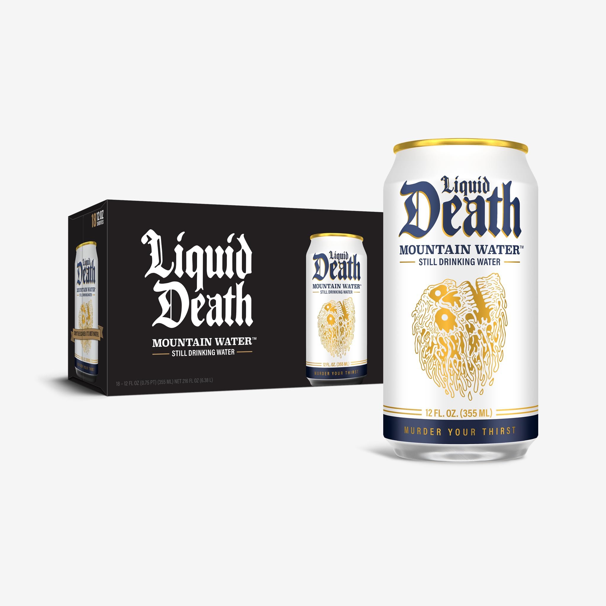 Liquid Death, Still Mountain Water, 18-Pack (12oz Cans), Real Mountain Source, 100% American Made