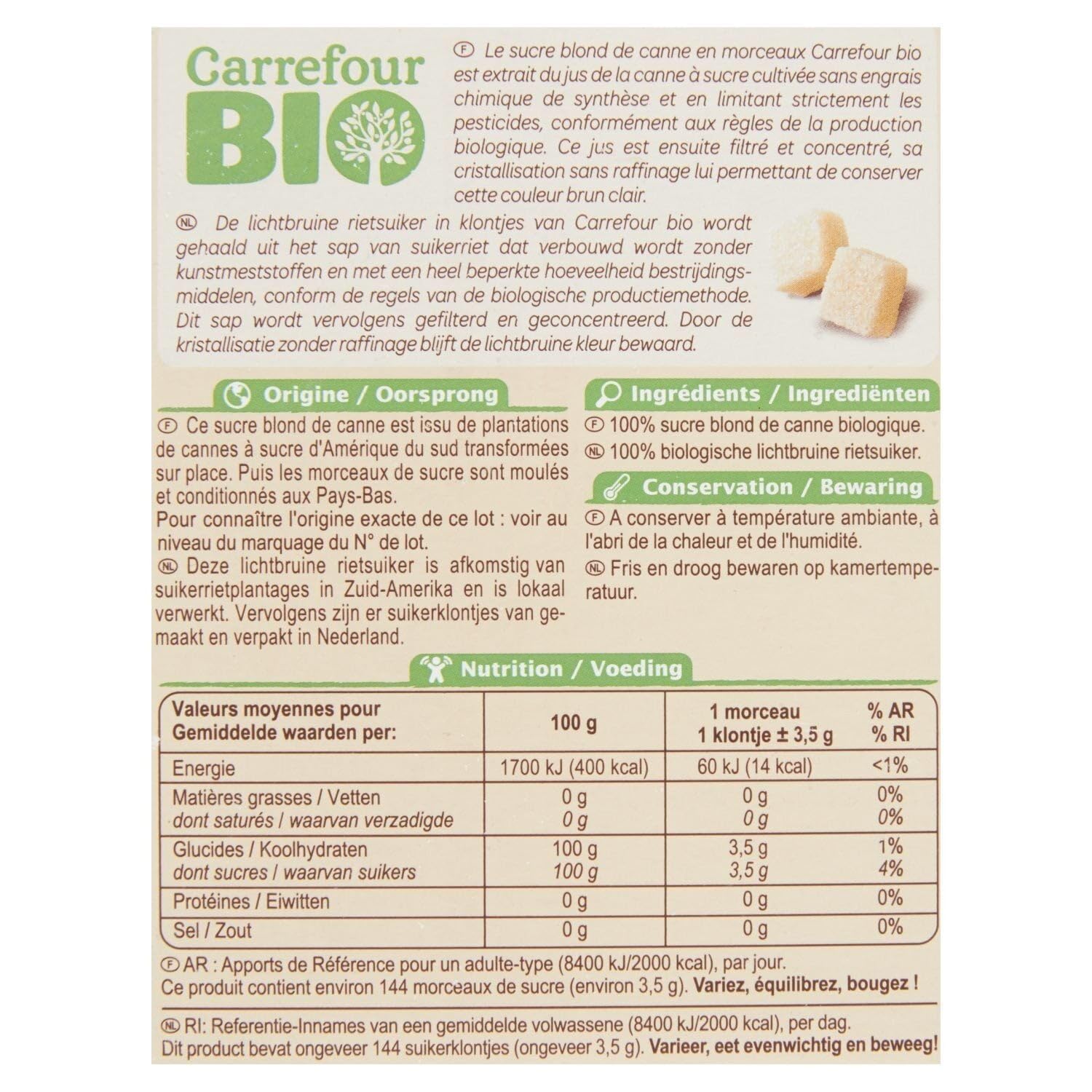 CARREFOUR BIO Sucre Blond de Canne Morceaux Bio — Spécialité sucrière artisanale d'Amérique du Sud, 500 g - Lot de 4