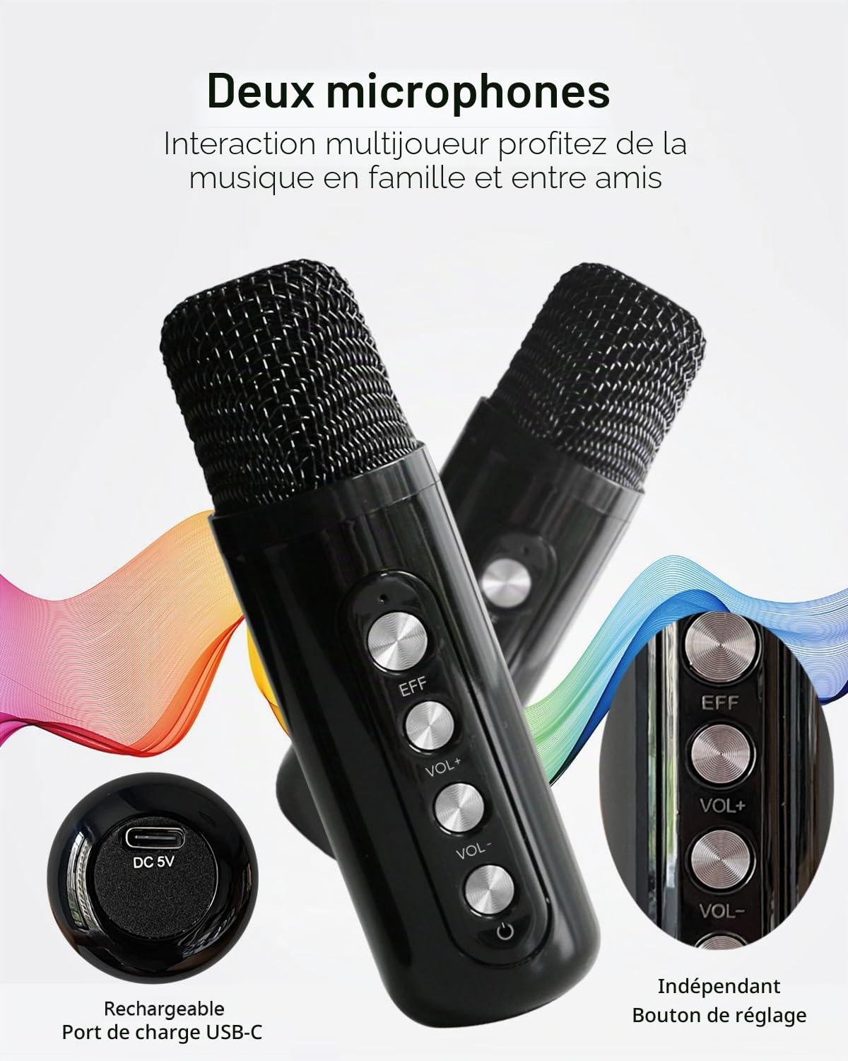 Karaoke Adulte et Enfant, Machine de Karaoké avec 2 Microphones sans Fil, kit Karaoke Complet Portable Enceinte Karaoke Bluetooth, Dispose 7 Effets Sonores, pour Fête et Voyage (Black)