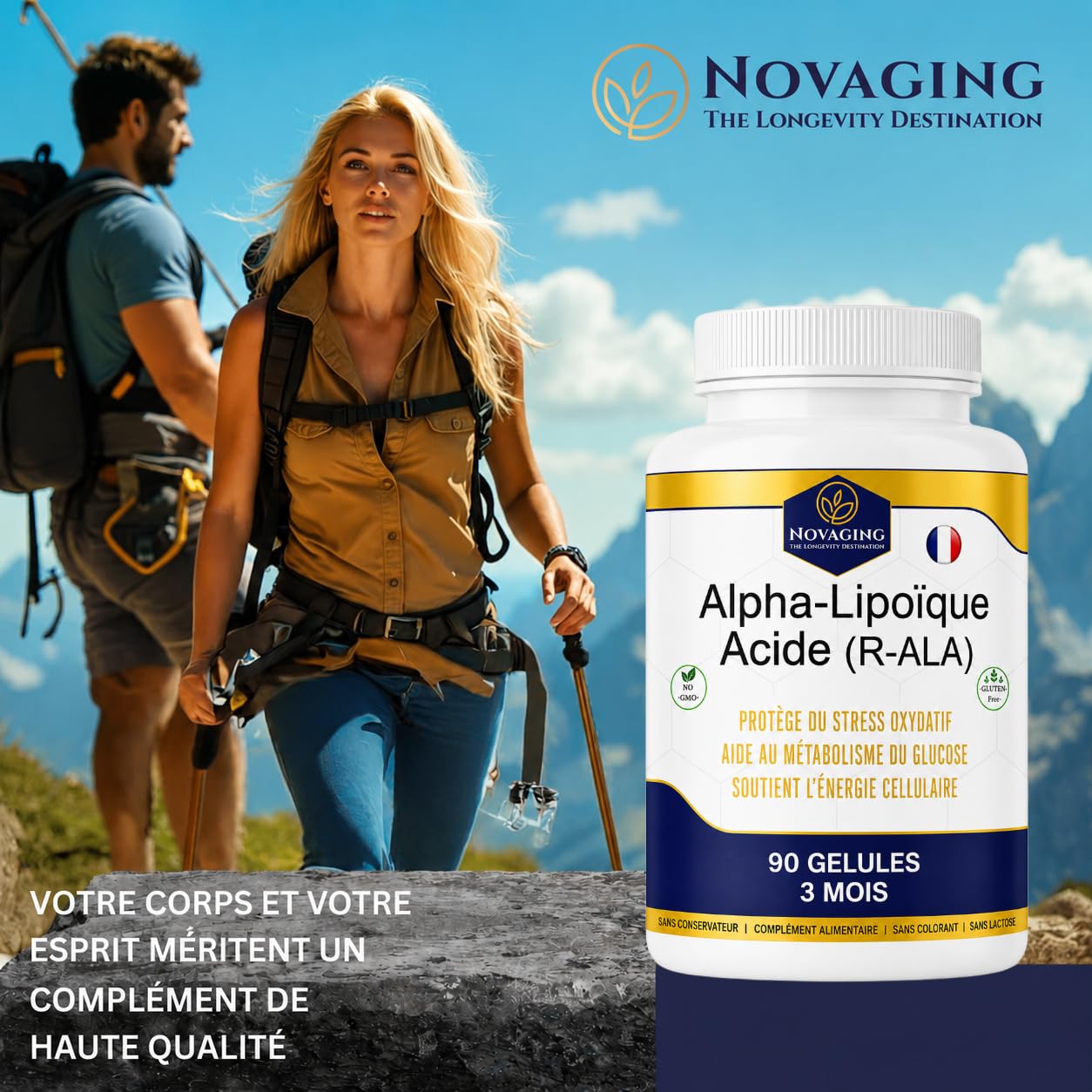 Acide Alpha-Lipoïque R-ALA 500mg 90 Capsules 100% Vegan 3 Mois de cure | R-ALA premium standardisée à 100 %, biodisponibilité élevée. Efficacité optimales. Testé sans OGM ni allergènes. NovAging®