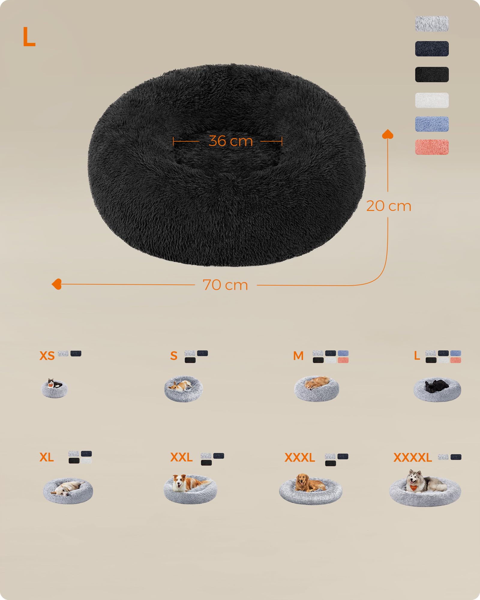 Feandrea Cuccia Cane Interno, Cuccia per Cani, Lettino per Animali Domestici a Ciambella, Cuscino Sfoderabile e Lavabile, Tappeto di Peluche, Diametro 70 cm, Nero Inchiostro PGW039B01