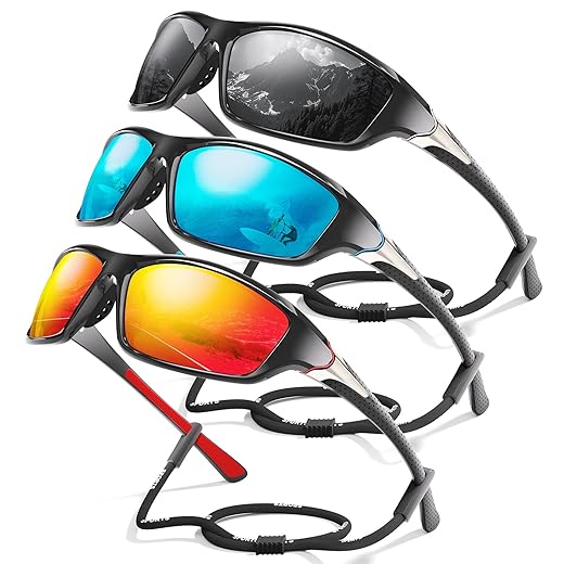 3 Pack Polarized Sports Sunglasses for Men, Mens Sunglasses Wrap Around UV400 Protection for Cycling Fishing Driving