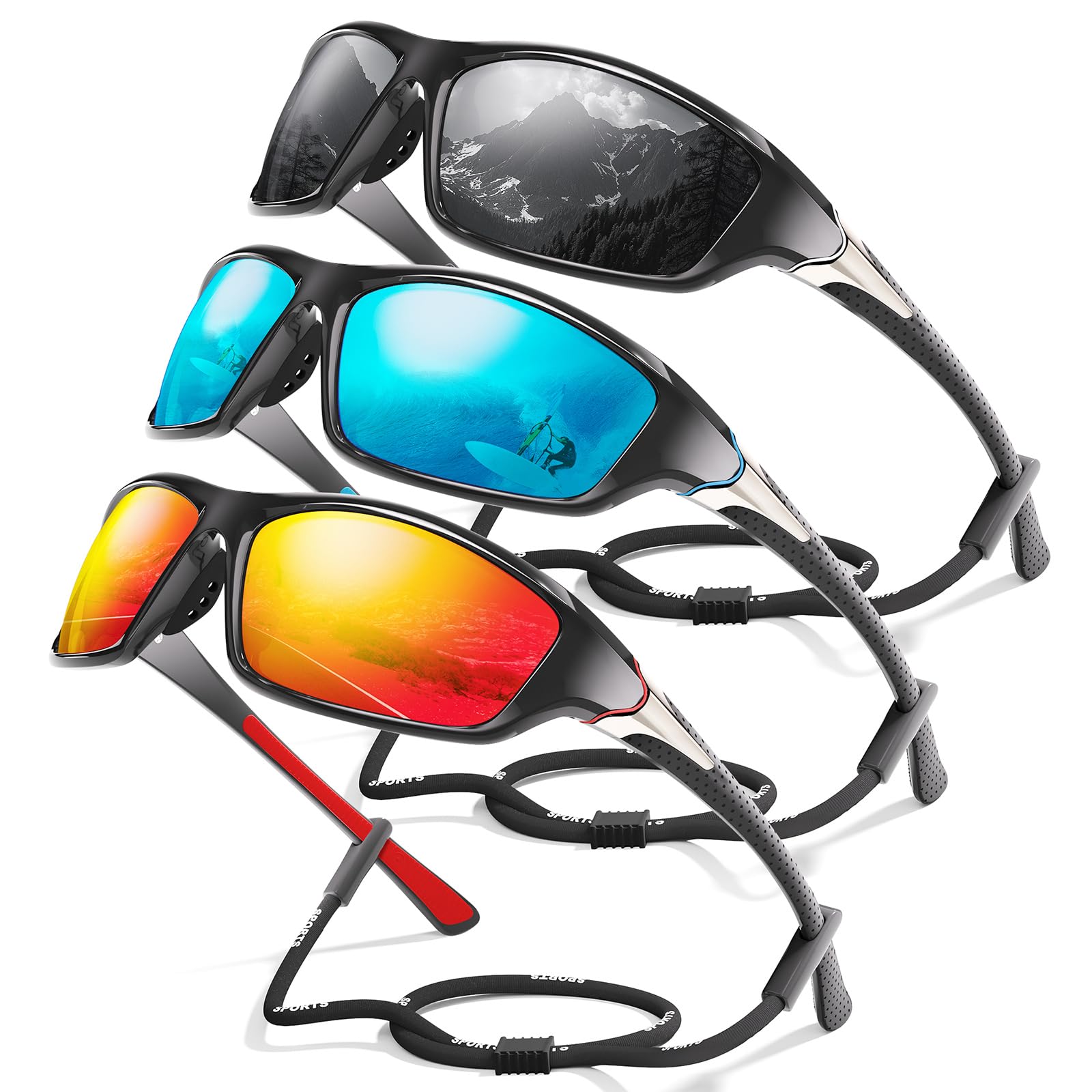 3 Pack Polarized Sports Sunglasses for Men, Mens Sunglasses Wrap Around UV Protection for Cycling Fishing Driving