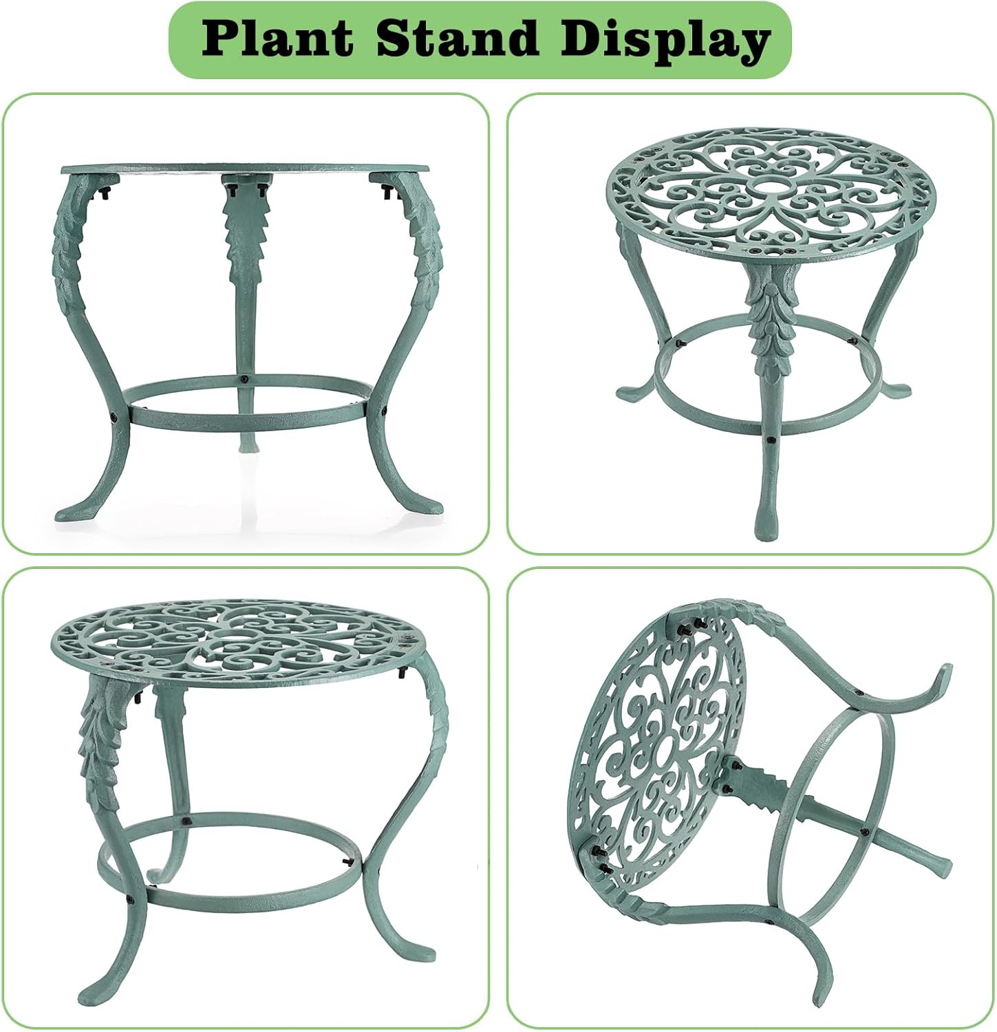 OwnMy Heavy Duty Cast Iron Plant Stand Vintage Wrought Iron Flower Pot Holder, Indoor Outdoor Large Plant Stand for Home Garden Patio, Decorative Round Potted Plant Holder Rack, Green