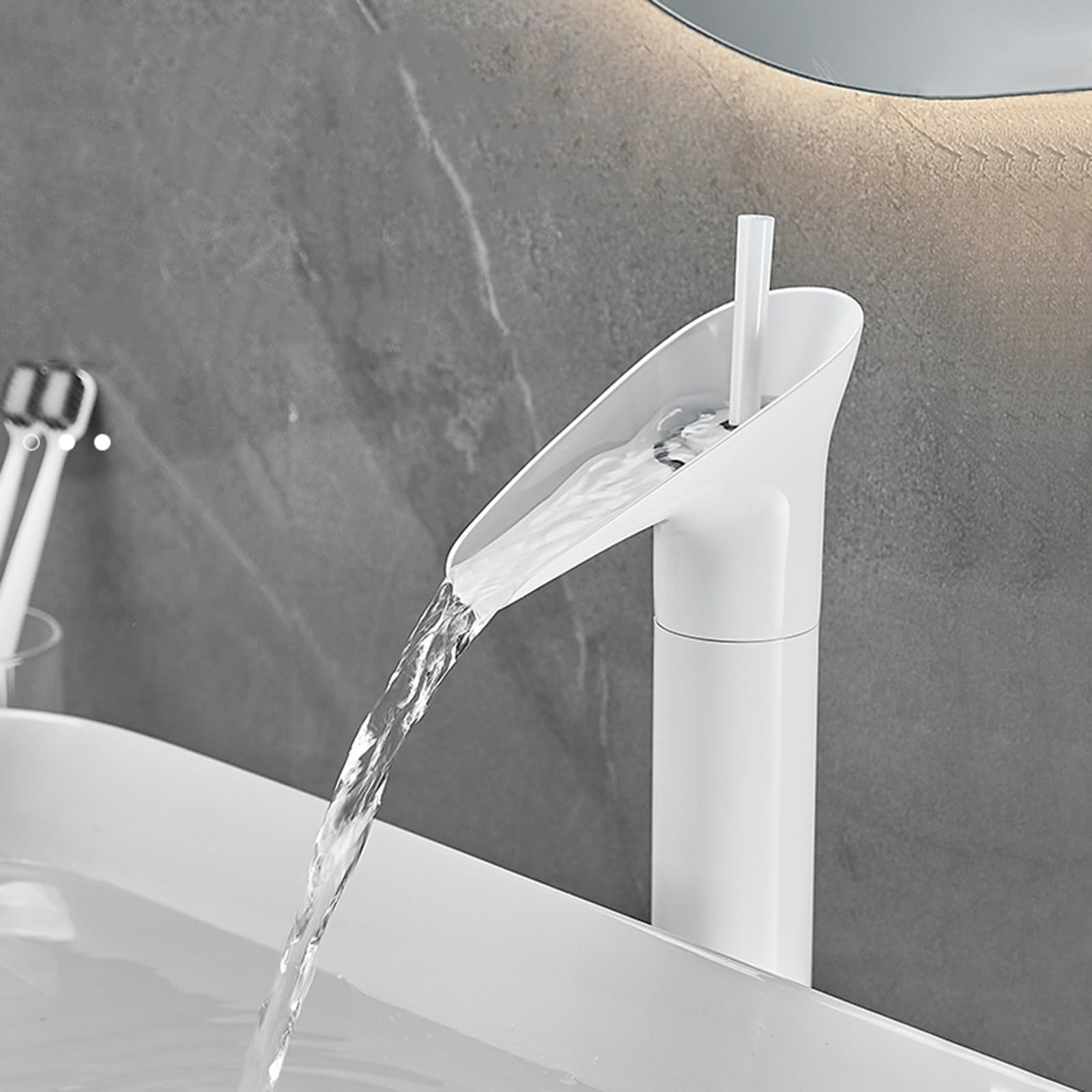 Grifo Lavabo Blanco Caño Alto Cascada Tipo Abierto Grifo Baño Monomando Caliente y Frío,Blanco