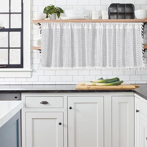 Miniatura 4 de Sutuo Home Cenefa de cortina traslúcida bohemia de encaje de ganchillo con borlas de punto hueco bohemio hecho a mano, tratamiento corto de ventana