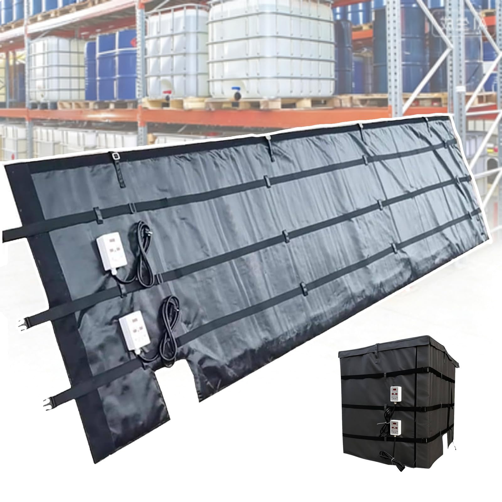 Manta calefactora Desmontable para bidones de Aceite industriales, tuberías y Tanques de Agua, para bidones de Aceite de 200 l/1000 l IBC. 1000L/275Gal-Black
