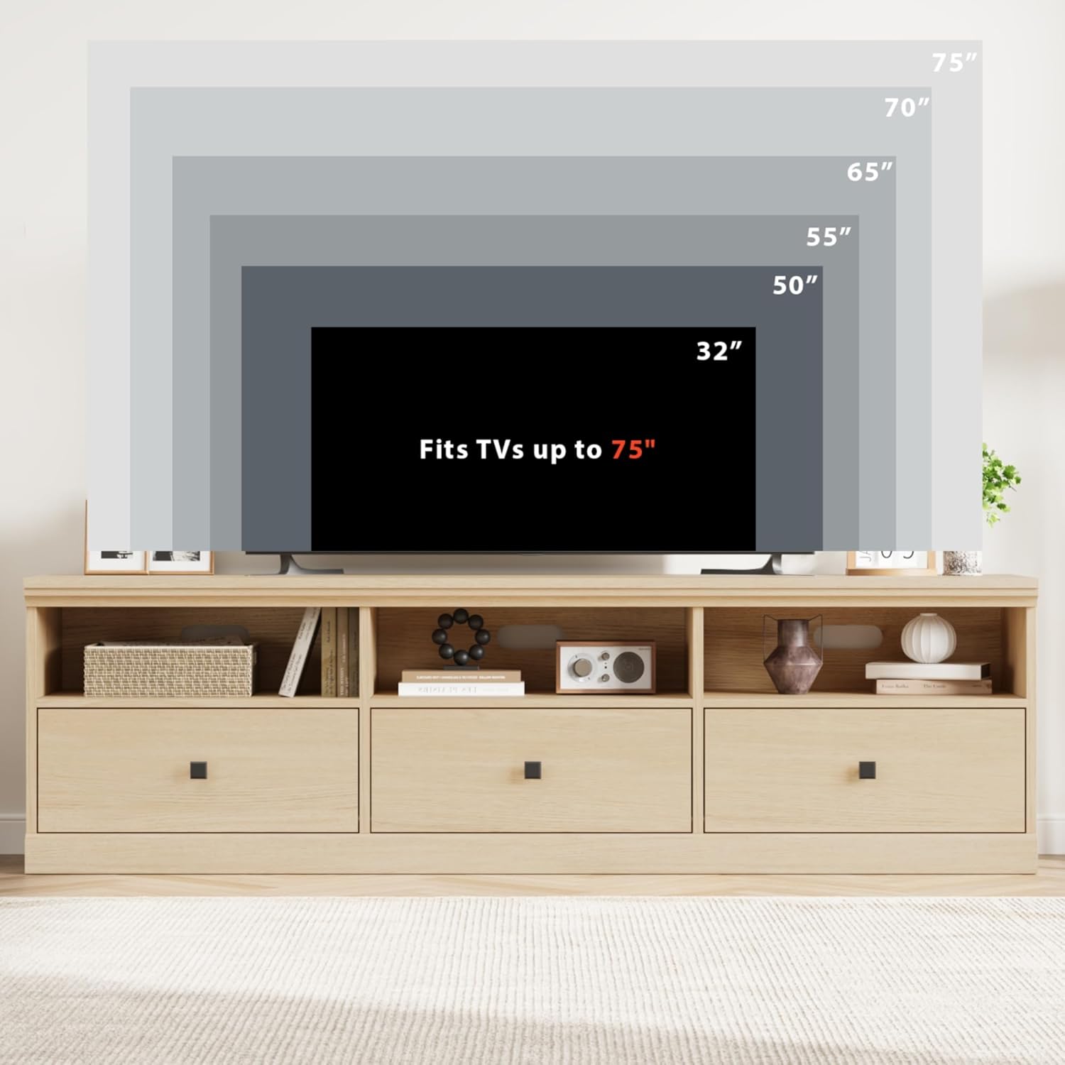 IDEALHOUSE 70in TV Stand for TVs up to 80", Mid Century Modern Entertainment Center with Storage Drawer and Open Shelves, TV Console Media Cabinet for Living Room, Bedroom, Light Oak