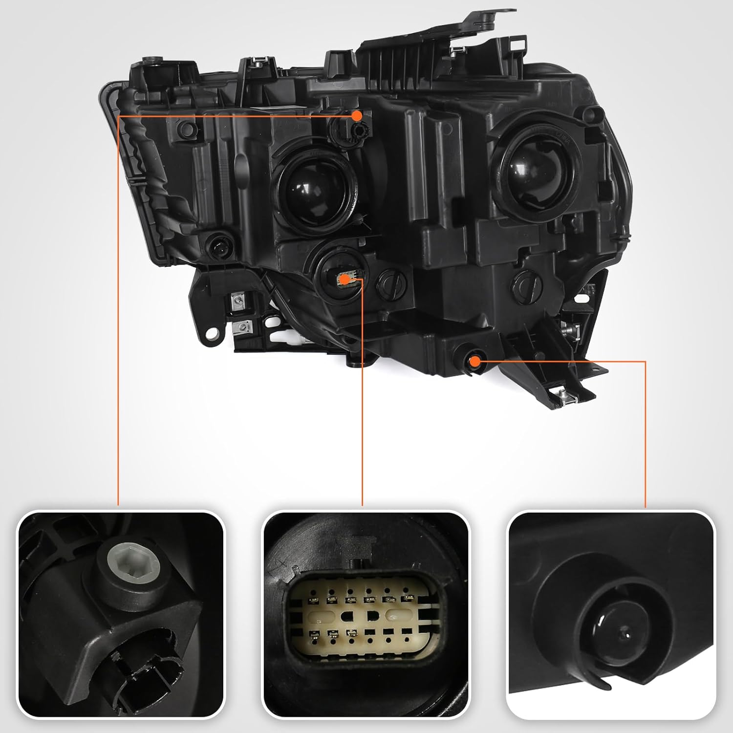 FIONE Headlight Compatible with Dodge Ram 2500 3500 2019-2024 Clear Lens Black Housing Right Passenger Halogen Headlamp Assembly W/Bulb