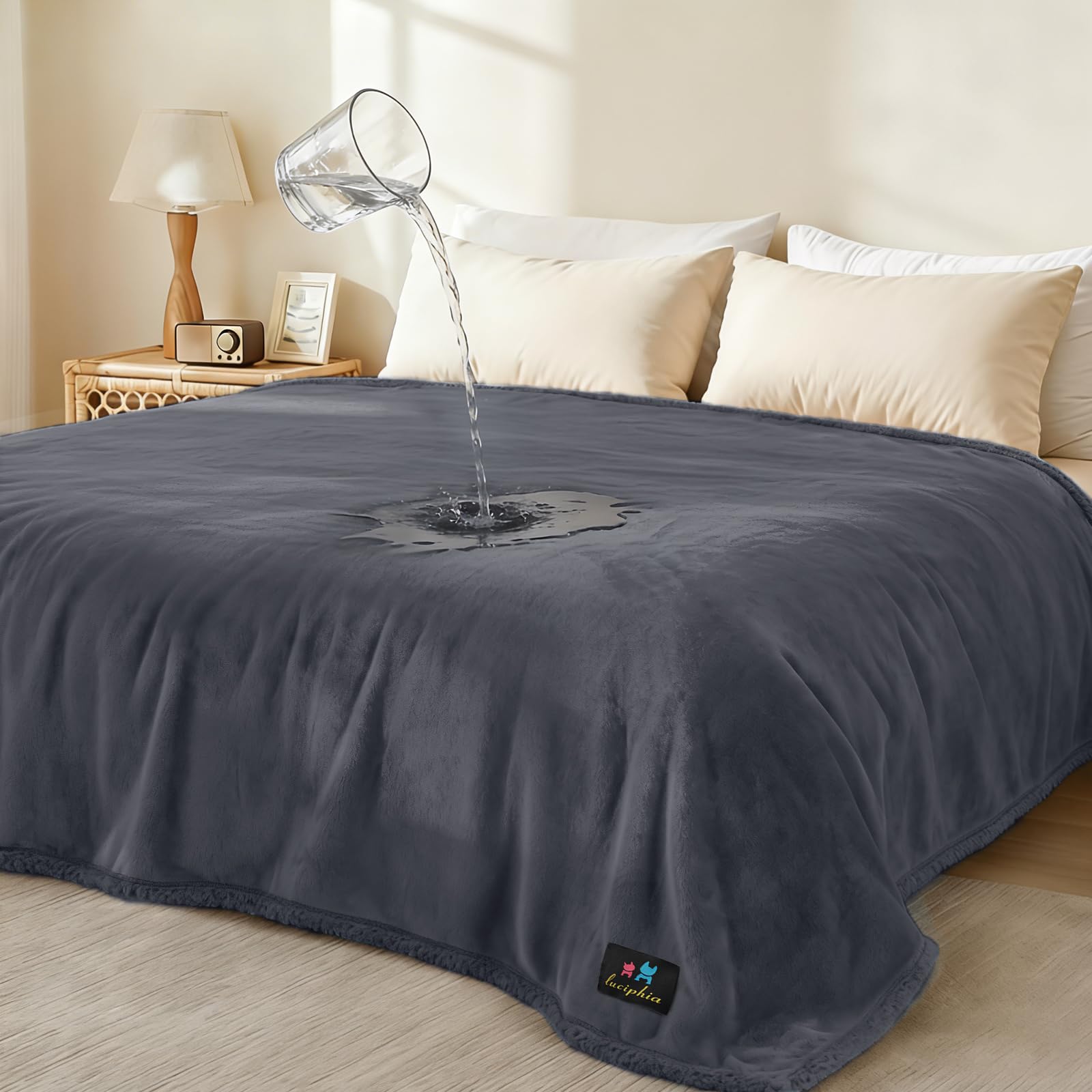 Luciphia Waterproof Pet Blanket, Liquid Pee Proof Dog Blanket for Sofa Bed Couch, Reversible Sherpa Fleece Furniture Protector Cover for Small Medium Large Dogs Cats, Dark Gray X-Large（85" x 57"）