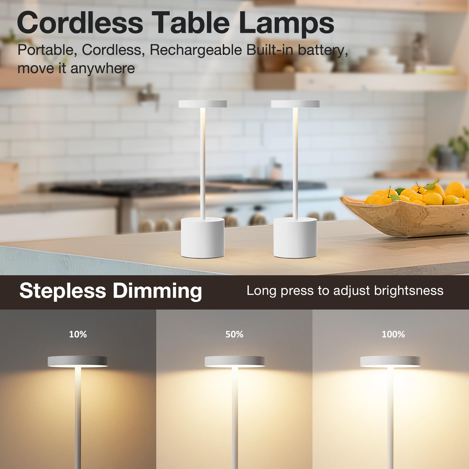 LED Tischlampe Kabellos, Tischlampe Akku, Tischleuchte Kabellos Akku mit 3 Farbtemperatur, Touch Nachttischlampe Dimmbar, Stufenlos Dimmbar für Schlafzimmer, 2 Stück, Weiß