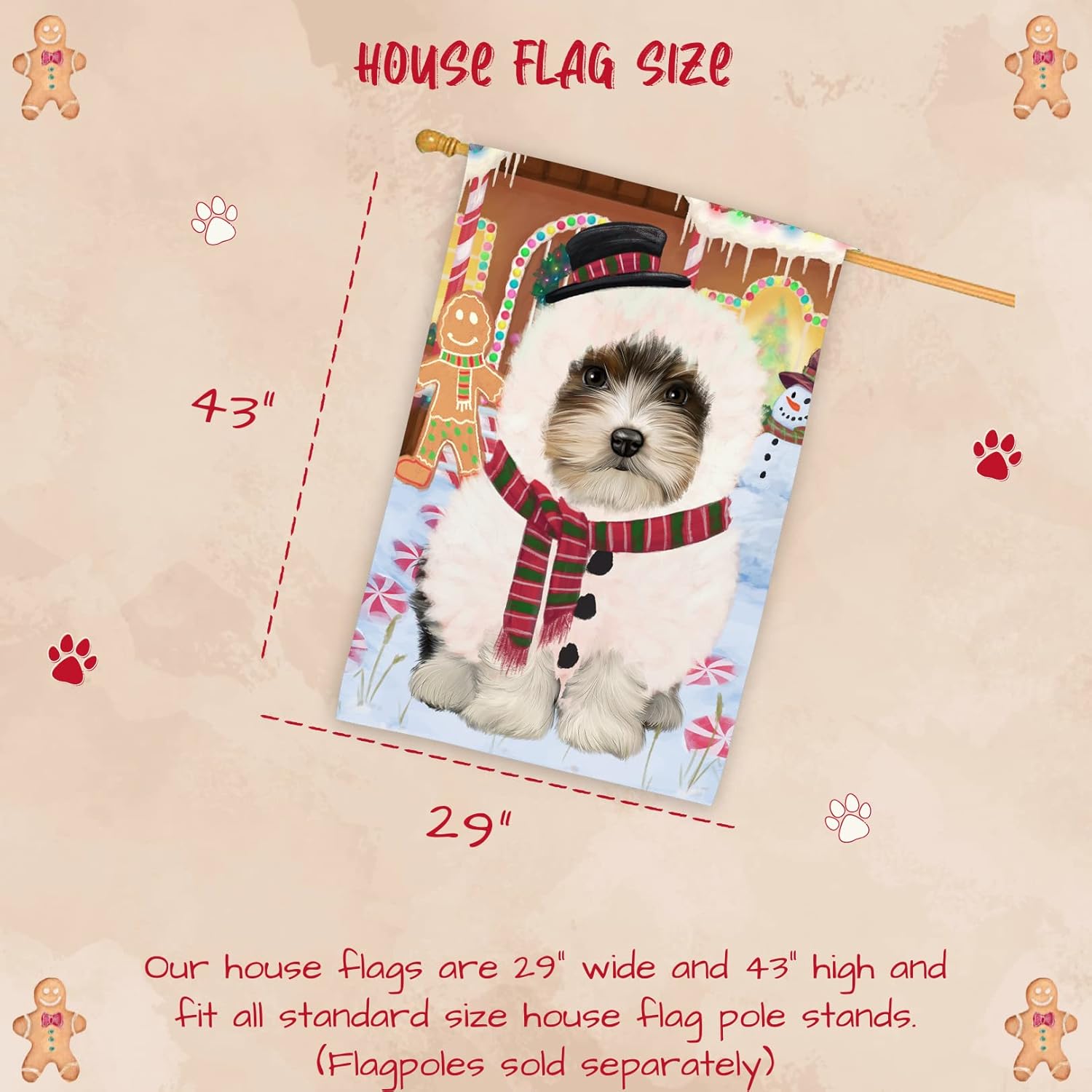 Doggie of the Day Biewer Dog House Flag - Christmas Gingerbread Snowman - Holiday Outdoor Double Sided Pet Portrait Home Garden Decor 28"w x 40"h