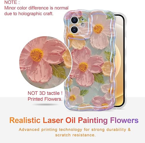 Miniatura 33 de EYZUTAK - Funda protectora de TPU para iPhone 15, estilo retro colorido, diseño láser brillante de pintura al óleo, estampado floral, borde
