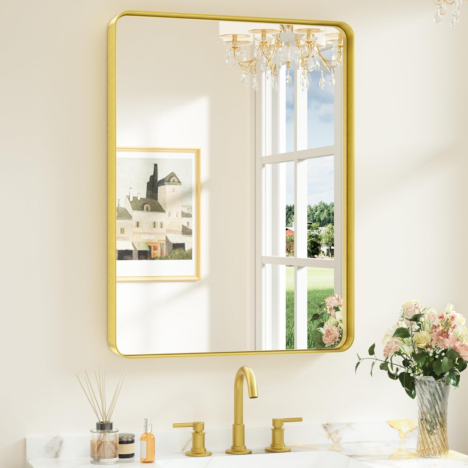 Keonjinn Gold Bathroom Mirrors for Vanity, 24 x 32 Inch Rounded Rectangle Gold Mirror for Wall, Brushed Brass Mirror with Metal Frame, HD Tempered Glass Modern Gold Framed Mirrors(Horizontal/Vertical)