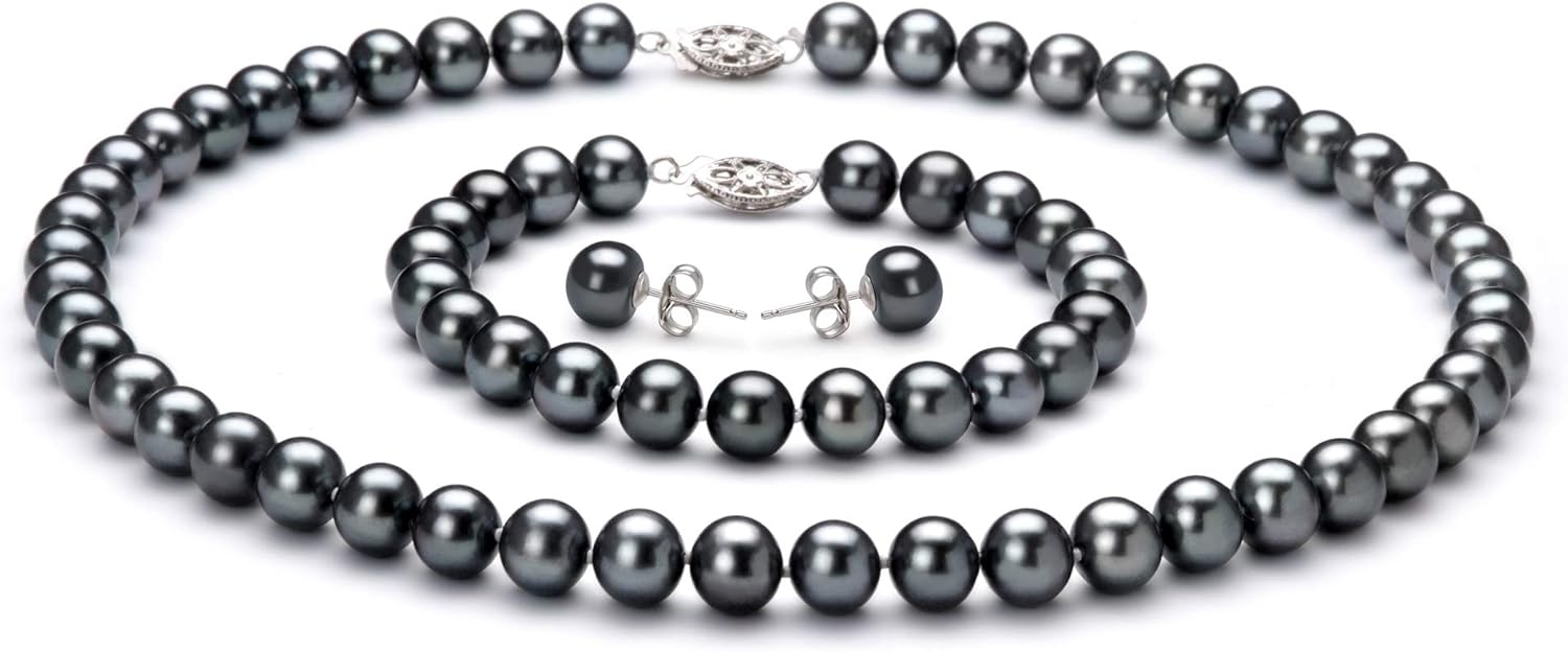 Black 7.5-8.5mm AA Quality Freshwater 925 Sterling Silver Cultured Pearl Set For Women