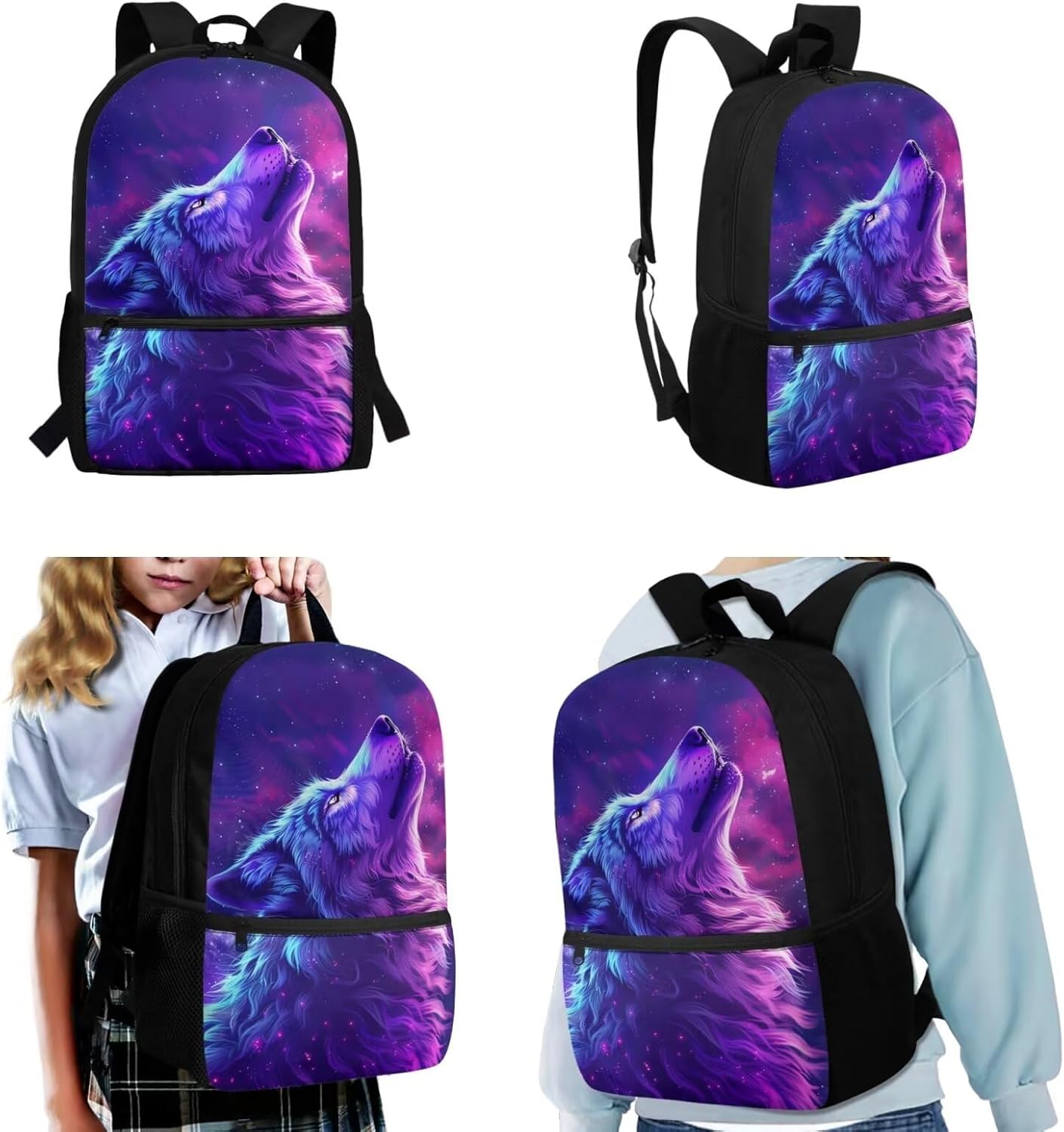 Galaxy Wolf School Bags for Boys With Lunch Box Pencil Case, Kids Bookbag for 10-12 Year Old Teen Backpack Elementary High School Book Bags With Water Bottle Holder Set 3 In 1 Purple