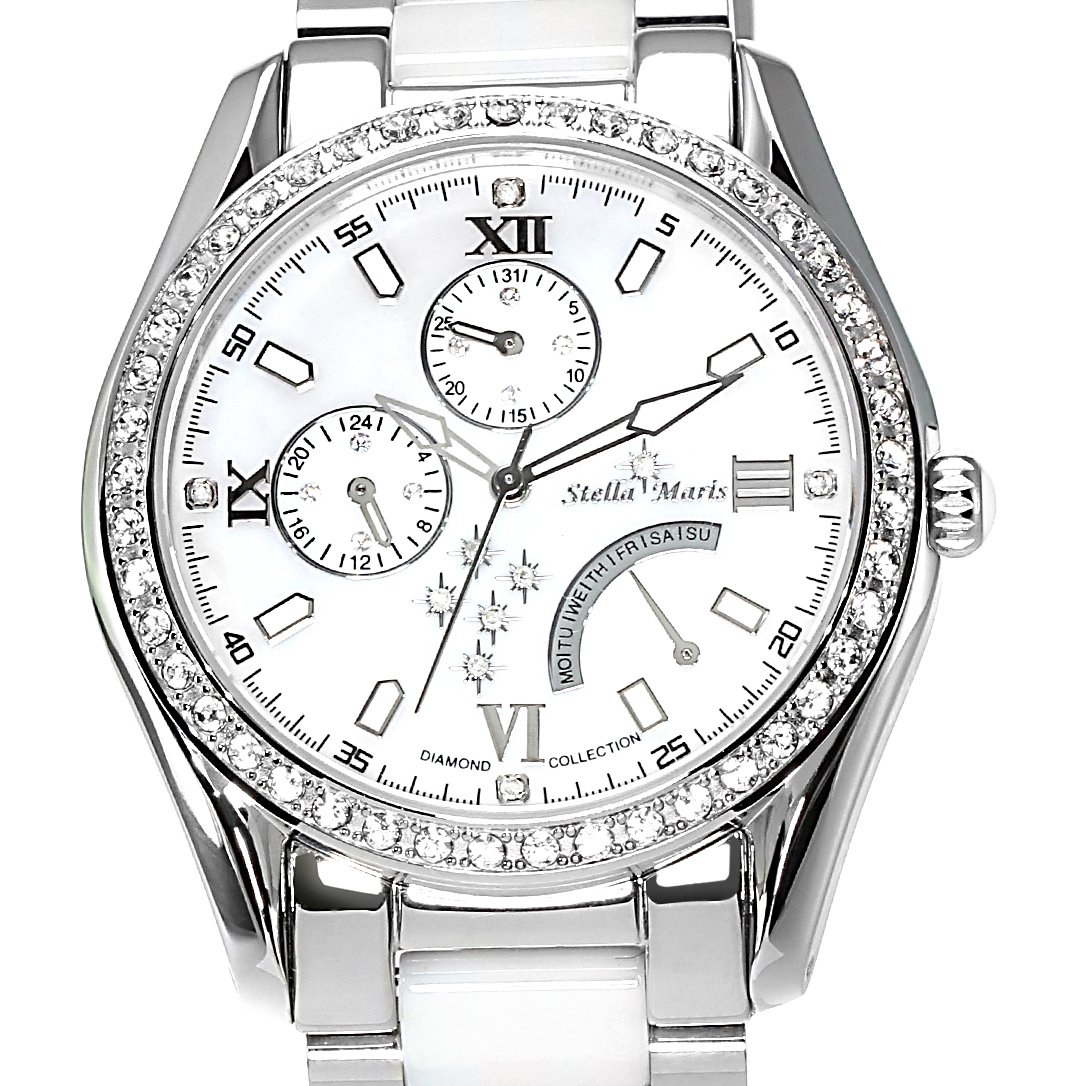 Stella Maris Damen Armbanduhr Analog Quarz Uhr Stilvolle Elegante Damenuhr Frauenuhr Weiß Silber Premium Keramik Armband Diamanten Swarovski STM15M1
