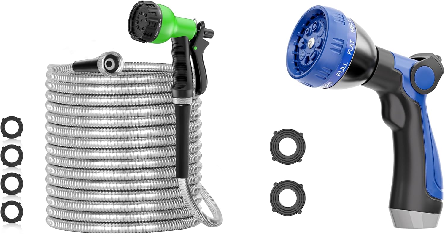 150ft 304 Stainless Steel Garden Hose+8 Function Garden Hose Nozzle