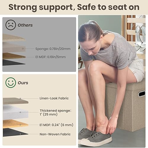 Miniatura 6 de COSYLAND Otomana con almacenamiento para habitación, taburete otomano plegable, reposapiés, asiento de tela de lino, otomano, pequeño, rectangular,