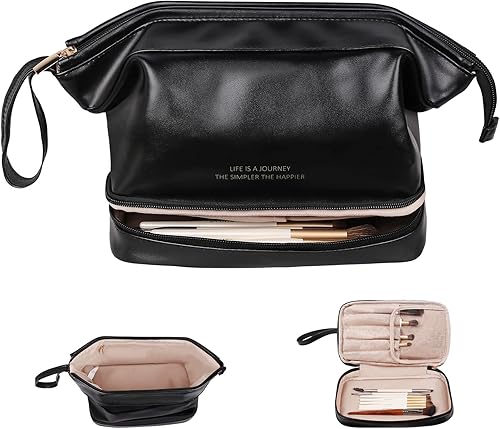 Abiudeng Bolsa de maquillaje grande, bolsa de cosméticos de doble capa, bolsa de maquillaje de viaje, bolsa de maquillaje de cuero, bolsas de viaje