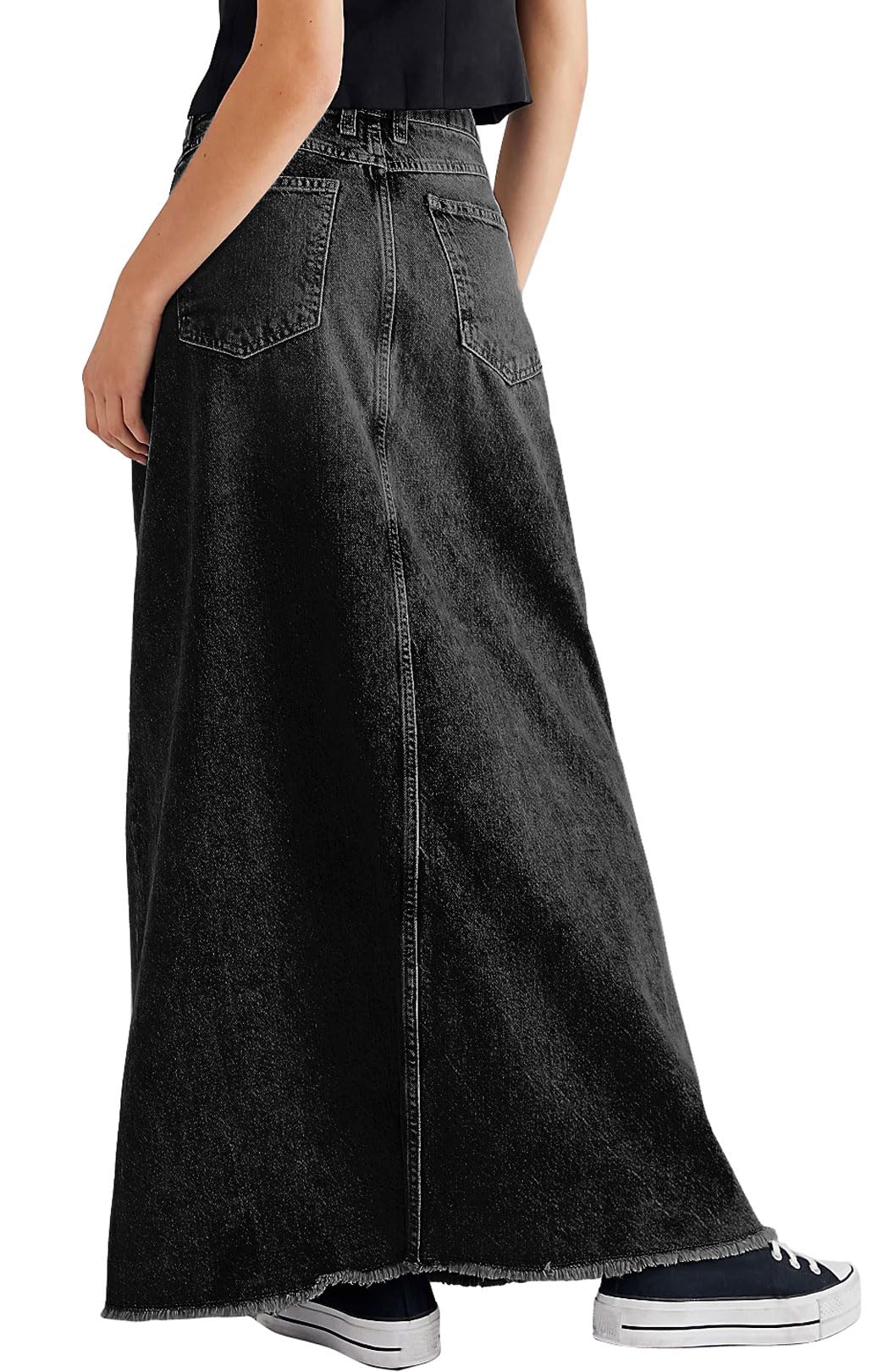 CHARTOU Falda de mezclilla vintage para mujer, dobladillo deshilachado, cintura alta, acampanada, falda larga de mezclilla
